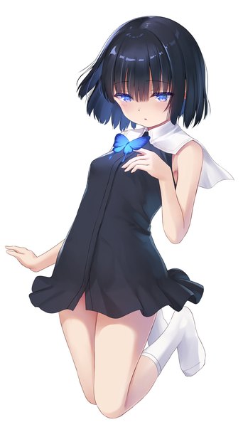 Anime picture 1280x2246 with original na-ga single tall image fringe short hair breasts blue eyes light erotic black hair simple background hair between eyes white background full body parted lips bare legs no shoes legs sleeveless thighs