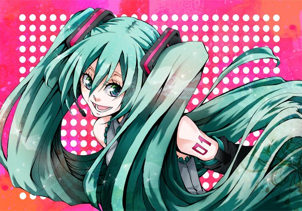 Anime picture 1117x781 with vocaloid hatsune miku single looking at viewer fringe open mouth hair between eyes twintails green eyes very long hair aqua hair sparkle tattoo girl detached sleeves microphone