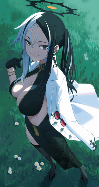 Anime picture 2355x4440 with blue archive kai (blue archive) gaoqiaoyuyin takahashi single long hair tall image looking at viewer highres breasts light erotic black hair smile large breasts standing twintails full body white hair multicolored hair from above black eyes