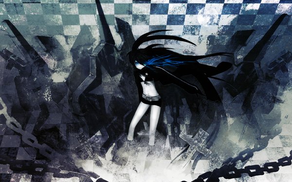 Anime picture 1920x1200 with black rock shooter black rock shooter (character) huke single fringe highres blue eyes black hair wide image standing twintails very long hair hair over one eye bare belly glowing glowing eye (eyes) checkered background grey skin girl shorts