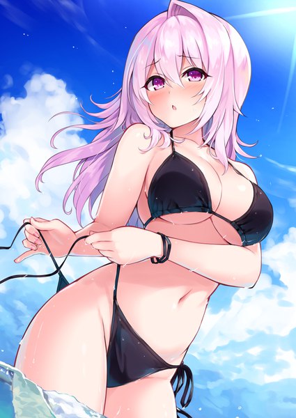 Anime picture 708x1000 with cu-no yayoi sakura hisenkaede single long hair tall image looking at viewer blush fringe breasts open mouth light erotic hair between eyes large breasts standing purple eyes pink hair sky cleavage cloud (clouds)