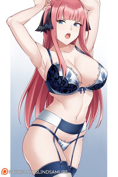 Anime-Bild 900x1350 mit go-toubun no hanayome nakano nino aslindsamure single long hair tall image looking at viewer blush fringe breasts blue eyes light erotic simple background large breasts standing payot pink hair cleavage blunt bangs arms up