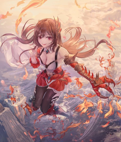 Anime picture 4390x5129 with shadowverse galmieux omen of disdain maronmokaet single long hair tall image looking at viewer fringe highres breasts open mouth light erotic smile hair between eyes red eyes brown hair absurdres cleavage full body outdoors