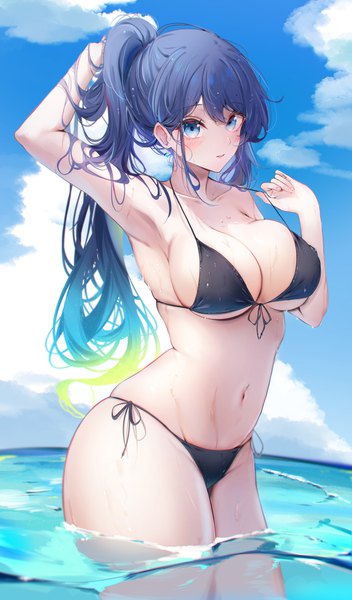 Anime picture 2655x4522 with original natsumi (komupi) komupi1013 single long hair tall image looking at viewer blush fringe highres breasts blue eyes light erotic large breasts blue hair sky cloud (clouds) outdoors ponytail arms up