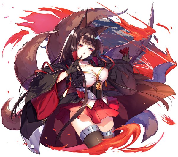 Anime picture 1400x1240 with azur lane akagi (azur lane) abusoru single long hair fringe breasts light erotic red eyes brown hair large breasts animal ears looking away cleavage tail blunt bangs animal tail fox ears outstretched arm finger to mouth