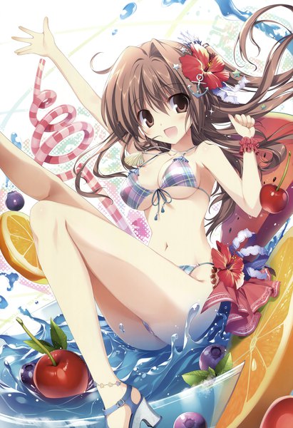 Anime picture 2400x3500 with original aomi maika karory single long hair tall image looking at viewer blush highres breasts open mouth light erotic brown hair brown eyes ahoge arm up hair flower scan one side up underboob