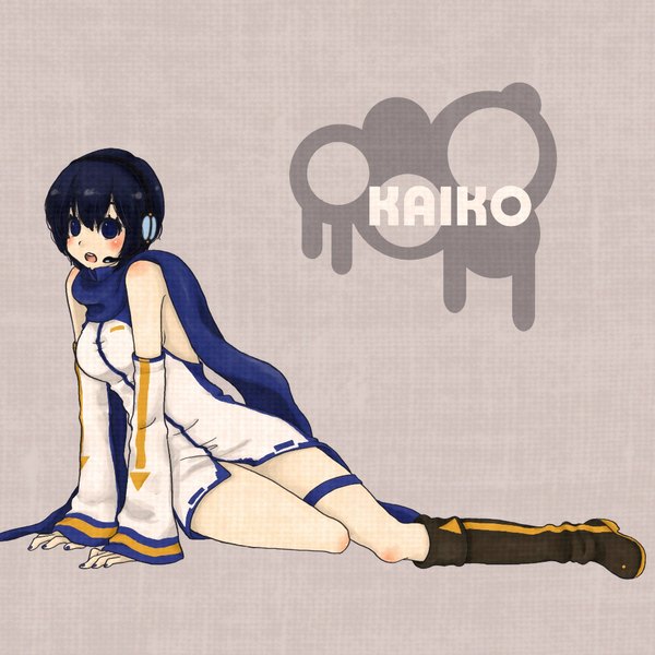 Anime picture 1000x1000 with vocaloid kaiko mizutamako single blush short hair open mouth simple background sitting bare shoulders blue hair nail polish inscription brown background girl detached sleeves headphones scarf thigh boots