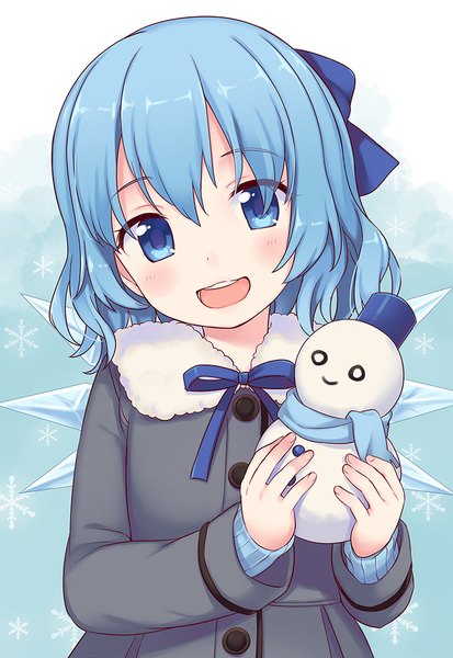 Anime picture 731x1061 with touhou cirno maki (natoriumu) single tall image looking at viewer blush fringe short hair open mouth blue eyes smile hair between eyes holding blue hair upper body long sleeves head tilt :d teeth