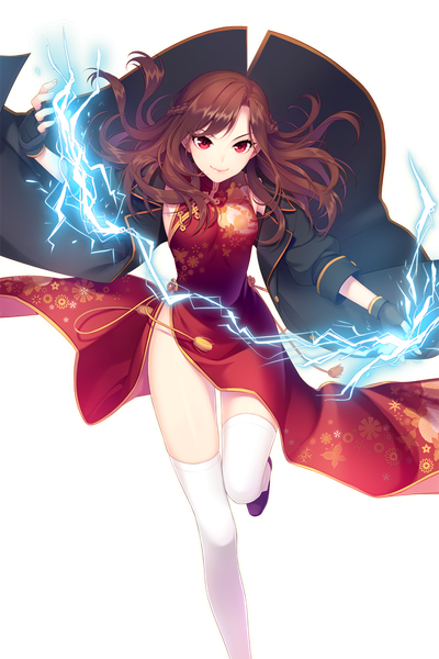 Anime picture 1176x1764 with soccer spirits sky (soccer spirits) shirahane nao single long hair tall image looking at viewer light erotic smile red eyes brown hair standing bent knee (knees) traditional clothes arm up zettai ryouiki floating hair floral print standing on one leg chinese clothes