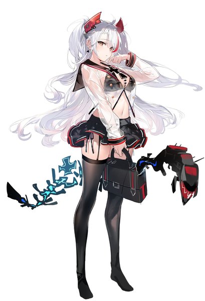 Anime picture 1396x2048 with azur lane prinz eugen (azur lane) umibouzu (niito) single long hair tall image looking at viewer fringe breasts light erotic simple background standing white background holding yellow eyes payot full body ahoge white hair long sleeves