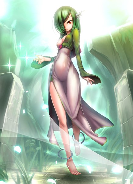 Anime picture 1308x1800 with pokemon nintendo gardevoir sai (abyss05) single long hair tall image looking at viewer fringe breasts light erotic red eyes cleavage barefoot green hair hair over one eye legs gen 3 pokemon humanization girl