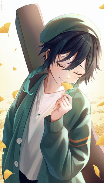 Anime picture 800x1400 with genshin impact venti (genshin impact) inosia single tall image fringe short hair black hair hair between eyes braid (braids) eyes closed from above alternate costume twin braids contemporary boy pendant leaf (leaves) beret cardigan