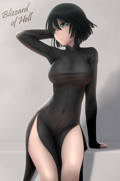 Anime picture 860x1300 with one-punch man madhouse fubuki (one-punch man) siraha single tall image short hair breasts light erotic black hair green eyes looking away grey background bare legs revision girl dress navel