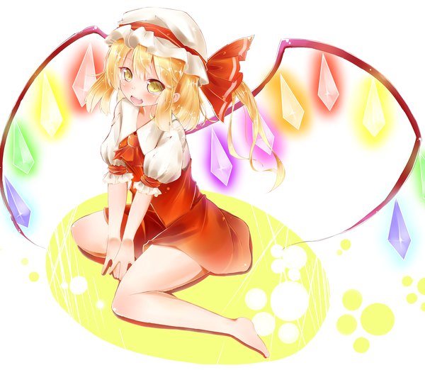 Anime picture 1500x1305 with touhou flandre scarlet kurean (artist) looking at viewer blush short hair open mouth blonde hair sitting yellow eyes barefoot girl dress wings bonnet crystal ascot