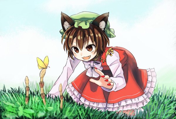 Anime picture 874x590 with touhou chen akidzuki haruhi single fringe short hair open mouth hair between eyes brown hair brown eyes animal ears looking away nail polish cat ears cat girl on all fours :3 red nail polish girl plant (plants)