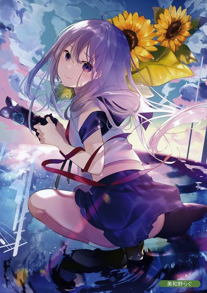 Anime picture 2475x3500 with original melonbooks miwano rag single long hair tall image looking at viewer blush fringe highres light erotic hair between eyes purple eyes holding sky silver hair cloud (clouds) pleated skirt scan short sleeves