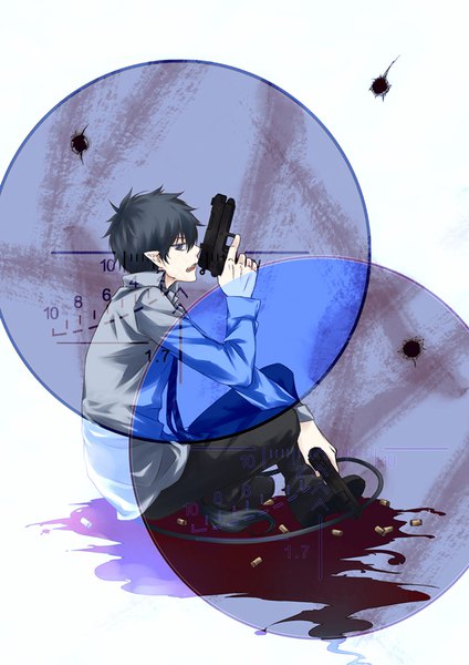 Anime picture 700x990 with ao no exorcist a-1 pictures okumura rin ian (pixiv2175316) single tall image looking at viewer fringe short hair open mouth blue eyes black hair hair between eyes sitting holding tail profile pointy ears dual wielding boy