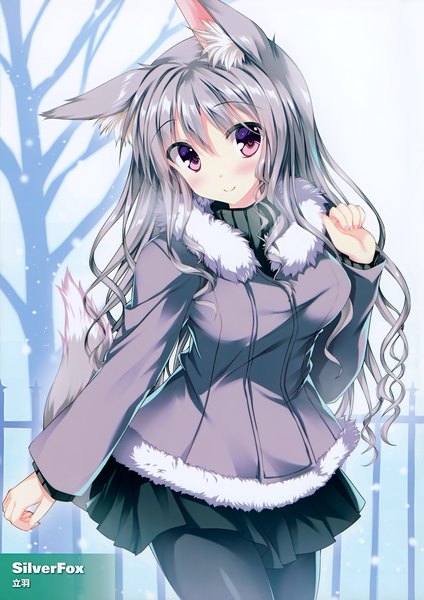 Anime picture 2473x3500 with original tateha (marvelous grace) single long hair tall image blush fringe highres breasts smile hair between eyes animal ears looking away tail long sleeves head tilt animal tail pleated skirt pink eyes grey hair