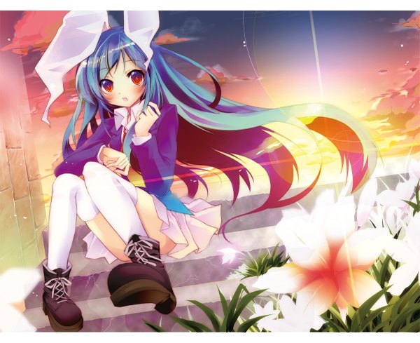 Anime picture 1200x979 with touhou reisen udongein inaba long hair blush red eyes animal ears blue hair sky bunny ears evening bunny girl sunset girl thighhighs skirt flower (flowers) suit