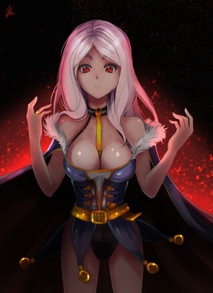 Anime picture 1259x1732 with original kirani single long hair tall image blush breasts light erotic red eyes large breasts standing signed pink hair cleavage arm up fur trim shiny skin looking down between breasts girl