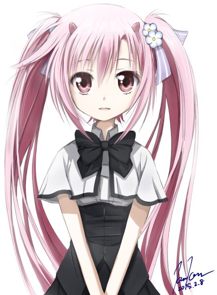 Anime picture 1000x1356 with juuoumujin no fafnir tear lightning kem kem single long hair tall image looking at viewer fringe simple background hair between eyes white background signed pink hair parted lips pink eyes horn (horns) dated portrait girl uniform