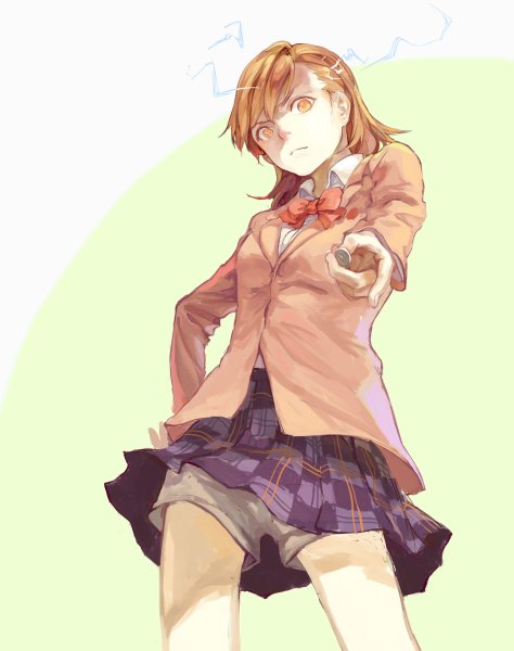 Anime picture 948x1200 with to aru kagaku no railgun j.c. staff misaka mikoto yuukaku single tall image looking at viewer short hair simple background brown hair from below orange eyes hand on hip electricity biribiri girl uniform school uniform shorts coin (coins)