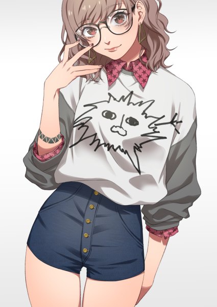 Anime picture 1062x1500 with original sumino akasuke single tall image looking at viewer short hair simple background red eyes brown hair standing nail polish head tilt tattoo gradient background casual star print girl earrings glasses shorts