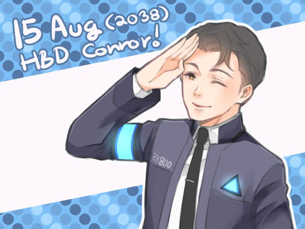 Anime picture 800x600 with detroit: become human connor (detroit) princeofredroses single short hair smile brown hair white background brown eyes looking away upper body one eye closed wink inscription copyright name character names blue background polka dot clothes writing polka dot background