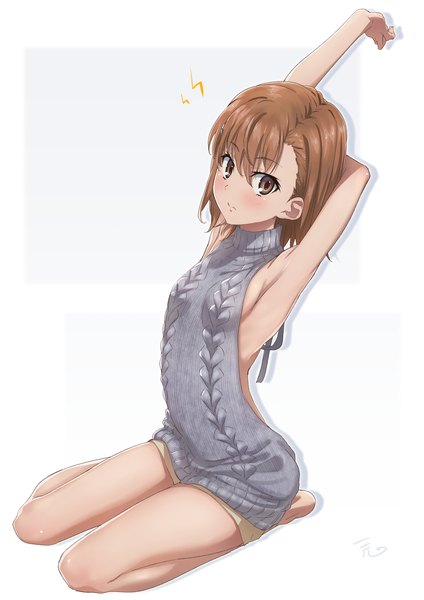 Anime picture 1191x1684 with to aru kagaku no railgun j.c. staff misaka mikoto puma (hyuma1219) single tall image looking at viewer short hair breasts light erotic simple background brown hair sitting bare shoulders brown eyes signed full body barefoot arms up bare legs