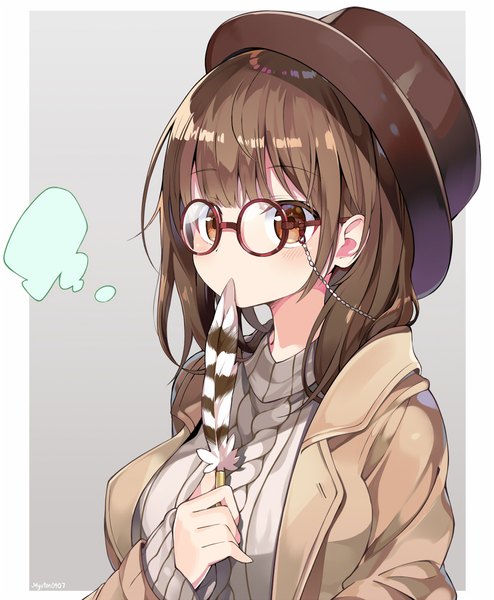 Anime-Bild 824x1000 mit original myuton single long hair tall image looking at viewer blush fringe simple background brown hair standing holding brown eyes signed payot upper body blunt bangs long sleeves arm up grey background