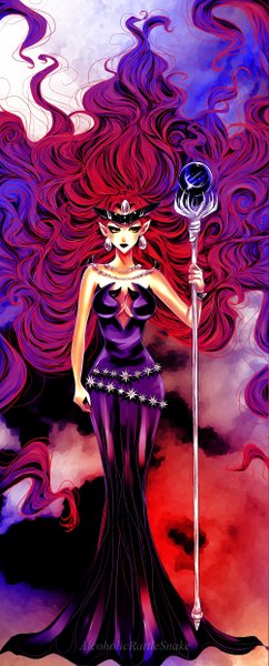 Anime picture 1004x2480 with bishoujo senshi sailor moon toei animation queen beryl alcoholicrattlesnake long hair tall image standing holding yellow eyes blue hair looking away purple hair red hair very long hair multicolored hair fingernails lips pointy ears sleeveless wavy hair