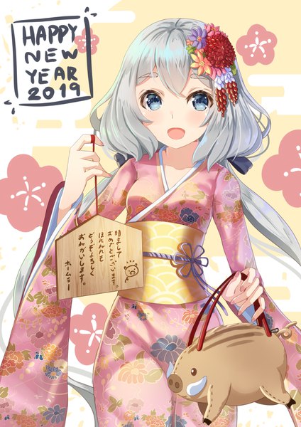Anime picture 2480x3508 with zombie land saga mappa konno junko holmemee single long hair tall image looking at viewer blush highres open mouth blue eyes twintails silver hair traditional clothes :d japanese clothes low twintails new year happy new year