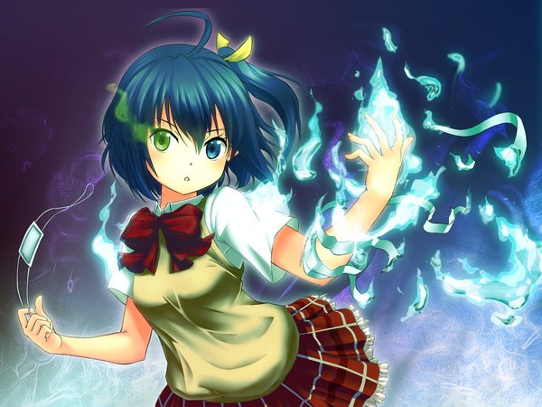 Anime picture 1200x900 with chuunibyou demo koi ga shitai! kyoto animation takanashi rikka bug (artist) single looking at viewer short hair blue hair ahoge heterochromia one side up glowing plaid skirt glowing eye (eyes) frilly skirt girl skirt uniform school uniform miniskirt