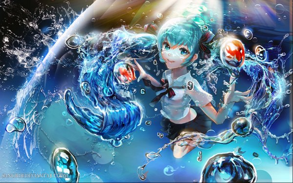 Anime picture 2713x1701 with vocaloid hatsune miku bottle miku sangrde single long hair looking at viewer fringe highres open mouth smile twintails signed ahoge bent knee (knees) pleated skirt aqua eyes sunlight aqua hair teeth