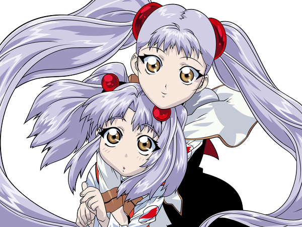 Anime picture 6400x4800 with martian successor nadesico xebec hoshino ruri uno makoto long hair looking at viewer highres smile twintails multiple girls brown eyes signed silver hair parted lips hug transparent background vector dual persona hug from behind time paradox