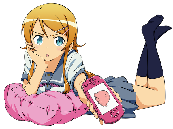 Anime picture 1455x1085 with ore no imouto ga konna ni kawaii wake ga nai kousaka kirino xxjo-11xx (artist) long hair looking at viewer blush open mouth blue eyes pleated skirt orange hair crossed legs transparent background head rest girl skirt uniform hair ornament school uniform socks pillow