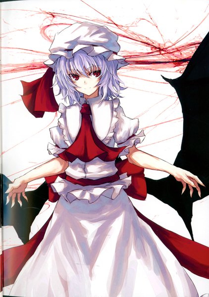 Anime picture 1500x2130 with touhou remilia scarlet asagi shii tall image looking at viewer short hair red eyes spread arms girl dress wings headdress bonnet