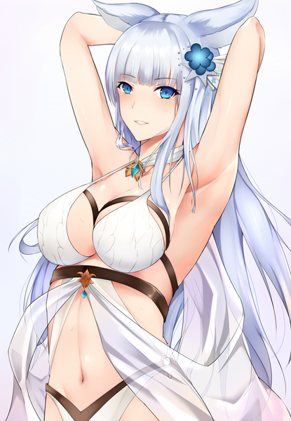 Anime picture 900x1300 with granblue fantasy korwa (granblue fantasy) ranju aira single long hair tall image looking at viewer blush fringe breasts blue eyes light erotic simple background smile large breasts white background animal ears payot cleavage silver hair