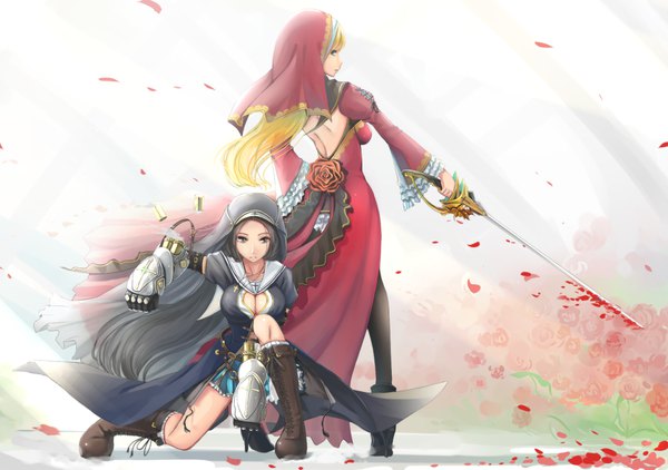 Anime-Bild 1760x1239 mit original kikivi long hair looking at viewer highres breasts black hair blonde hair multiple girls holding cleavage profile black eyes fighting stance nun girl dress gloves flower (flowers) weapon