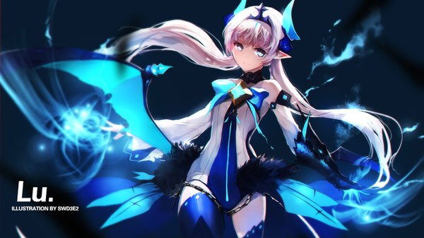 Anime picture 1512x850 with elsword luciela r. sourcream (elsword) lu (elsword) swd3e2 single long hair looking at viewer blue eyes wide image white hair horn (horns) pointy ears girl dress gloves wings