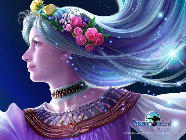 Anime picture 1600x1200 with kagaya single long hair blue hair hair flower realistic 3d girl hair ornament