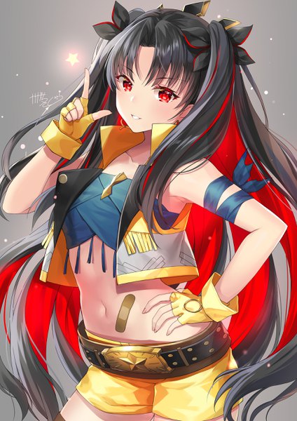 Anime picture 1767x2500 with fate (series) fate/grand order ishtar (fate) space ishtar (fate) kagachi saku single long hair tall image looking at viewer blush fringe highres breasts black hair simple background hair between eyes red eyes standing signed red hair