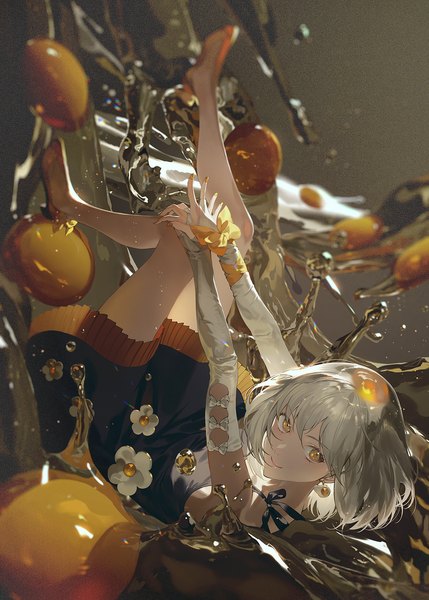 Anime picture 1072x1500 with original fajyobore single tall image looking at viewer fringe short hair smile hair between eyes yellow eyes silver hair full body bent knee (knees) nail polish fingernails turning head hand on knee girl dress earrings