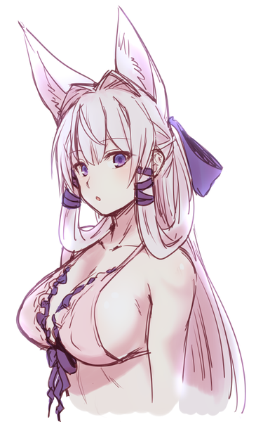 Anime-Bild 500x800 mit original tamamo (yagi) yagi (ningen) single long hair tall image looking at viewer blush breasts light erotic simple background large breasts white background purple eyes bare shoulders animal ears upper body white hair :o fox ears