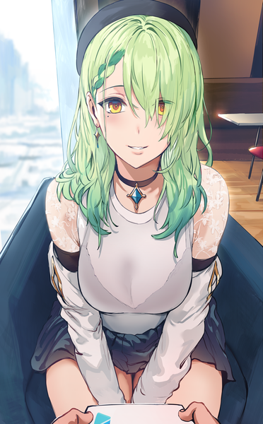 Anime picture 4872x7864 with virtual youtuber hololive hololive english ceres fauna hews long hair tall image looking at viewer blush fringe highres breasts light erotic smile large breasts sitting holding yellow eyes absurdres indoors