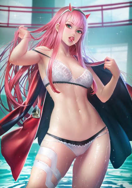 Anime picture 2480x3508 with darling in the franxx studio trigger zero two (darling in the franxx) nudtawut thongmai single long hair tall image looking at viewer blush fringe highres breasts light erotic large breasts standing holding green eyes payot pink hair cleavage