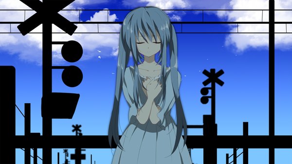 Anime picture 1500x844 with vocaloid hatsune miku marirero a single long hair wide image twintails blue hair sky cloud (clouds) eyes closed girl dress
