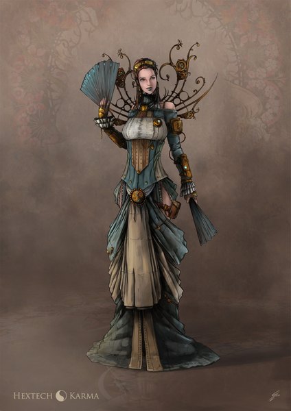 Anime picture 1403x1984 with league of legends karma (league of legends) single long hair tall image brown hair yellow eyes underbust steam punk girl dress hair ornament weapon glasses fan goggles corset closed fan