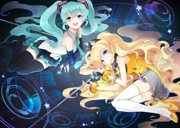 Anime picture 1300x924 with vocaloid hatsune miku seeu bacu long hair looking at viewer open mouth blonde hair twintails multiple girls aqua eyes aqua hair girl thighhighs skirt black thighhighs 2 girls detached sleeves white thighhighs bracelet