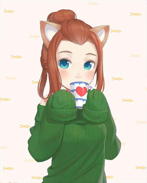 Anime picture 1127x1400 with original cristalavi single tall image looking at viewer blue eyes simple background animal ears payot upper body long sleeves sleeves past wrists animal print borrowed character fish print girl heart sweater mug ribbed sweater